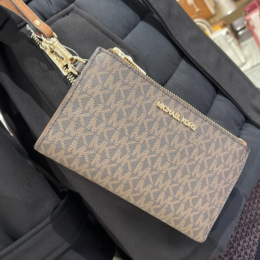 Michael Kors Jet Set Travel Large Double-Zip Wristlet-Wallet-PhoneHolder Brown